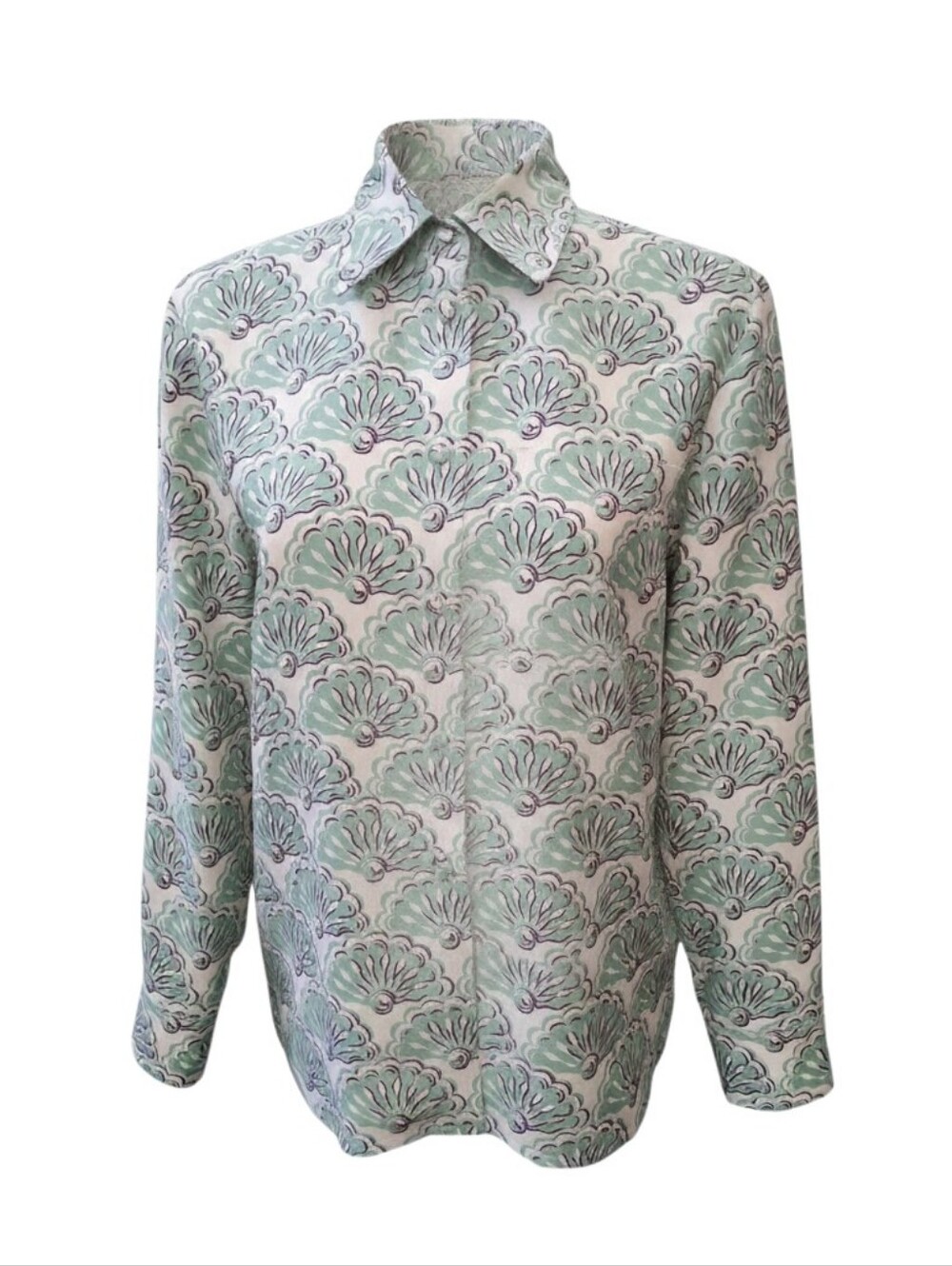 LA DOUBLEJ Boy Fans-print Silk Shirt Green Sz XS La Double J